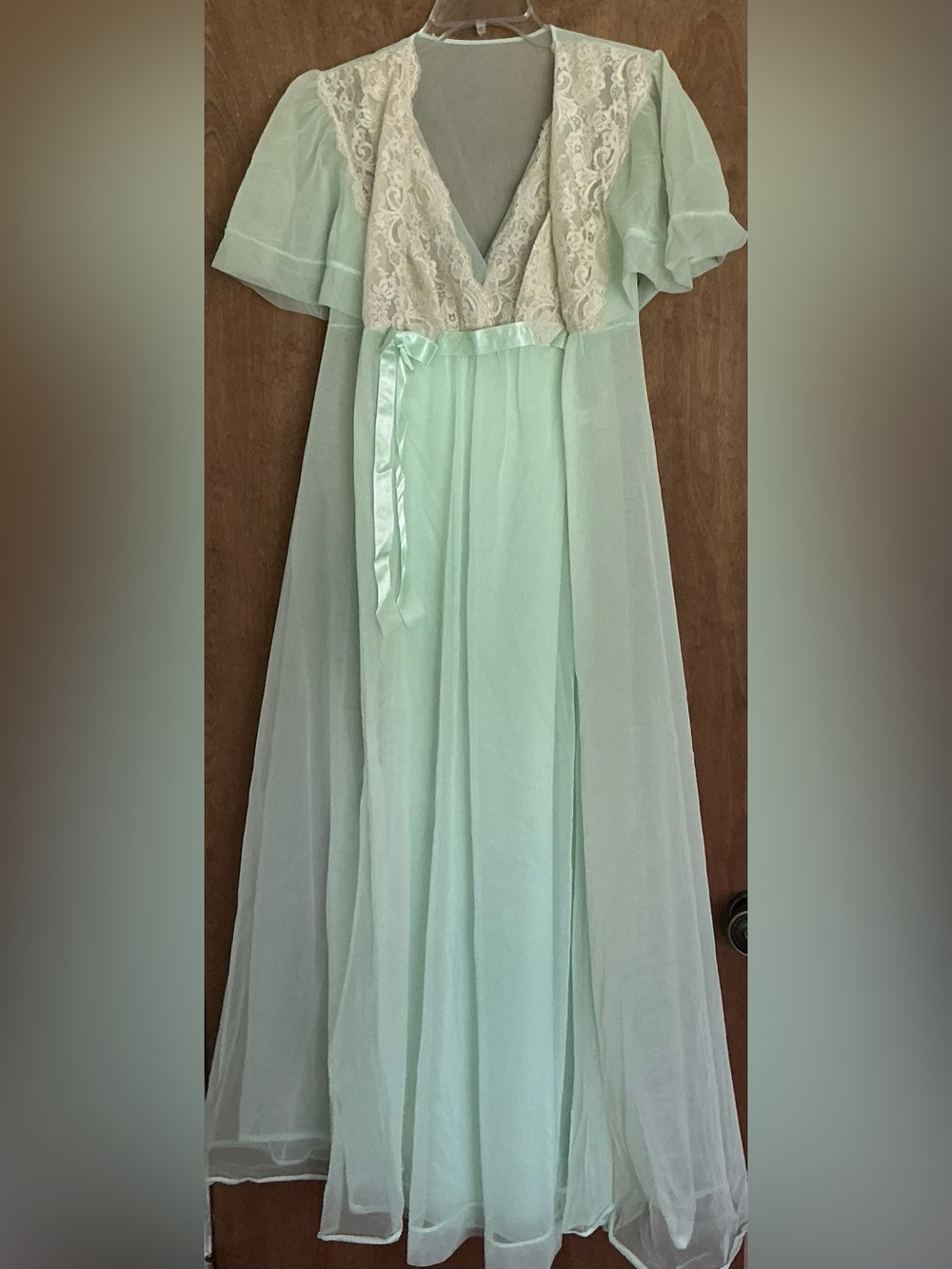 VTG Shadowline Peignoir Set Mint Green Nylon Chiffon Nightgown Gown Robe Lace S - Picture 3 of 16